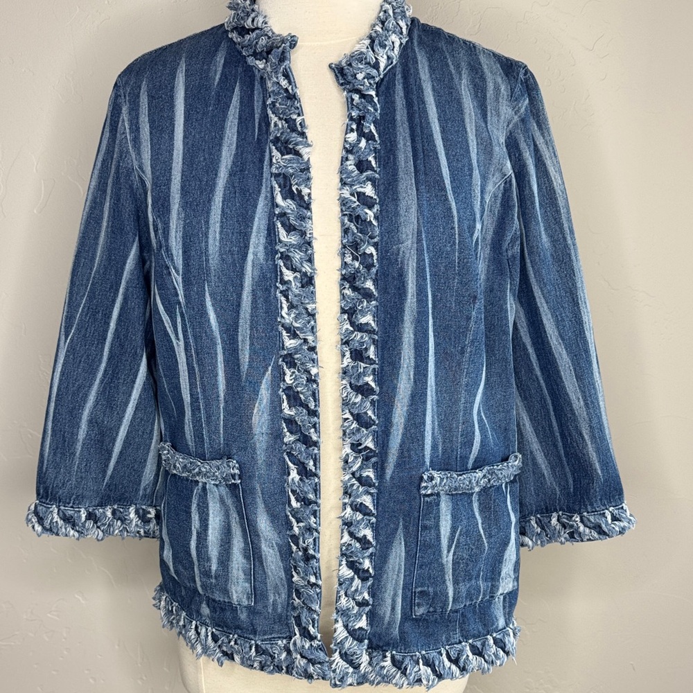 Chico's Striped Blue Denim Jacket with Frayed Trim